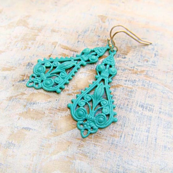 Turquoise earrings painted filigree earrings Boho Summer jewelry