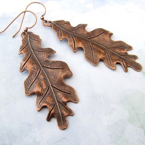 Big Oak Leaf Earrings, Copper Earrings, Long Drop Dangle Earrings, Copper Wedding Anniversary, Rustic Art Nouveau Jewelry image 1