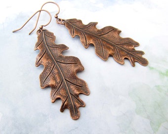 Big Oak Leaf Earrings, Copper Earrings, Long Drop Dangle Earrings, Copper Wedding Anniversary, Rustic Art Nouveau Jewelry