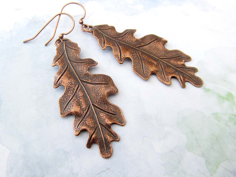 Big Oak Leaf Earrings, Copper Earrings, Long Drop Dangle Earrings, Copper Wedding Anniversary, Rustic Art Nouveau Jewelry image 1