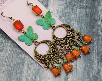 Long Chandelier Earrings, Boho Earrings with Patina Verdigris Butterfly and Orange Tulips