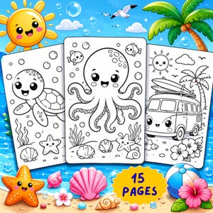 May include: A set of three coloring pages featuring cartoon sea creatures and a beach scene. The pages include a turtle, octopus, and a van with surfboards. The image also includes a smiling sun, starfish, seashells, and the text "15 PAGES".