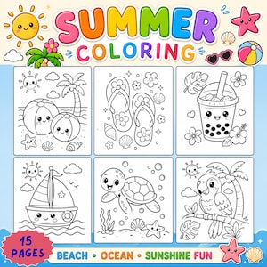 May include: A summer-themed coloring book with the text "SUMMER COLORING" in colorful bubble letters. The book features 15 pages of beach, ocean, and sunshine fun, with illustrations of beach balls, flip-flops, and a sailboat.