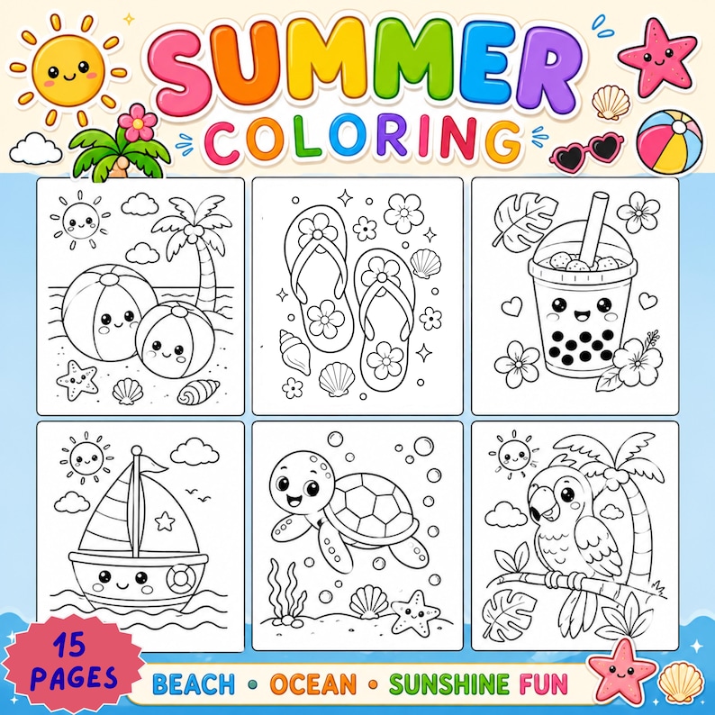 May include: A summer-themed coloring book with the text "SUMMER COLORING" in colorful bubble letters. The book features 15 pages of beach, ocean, and sunshine fun, with illustrations of beach balls, flip-flops, and a sailboat.