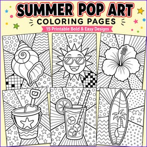 Summer Pop Art Coloring Pages for Kids | 15 Bold & Easy Printable Designs | Beach, Tropical and Sunshine Coloring Book, Instant PDF Download