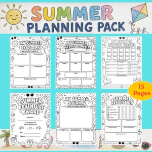 Summer coloring page / Planning Pack for Kids, Bucket List, Weekly Planner, Daily Routine, Reading Tracker, Journal Reflection Printable Sum