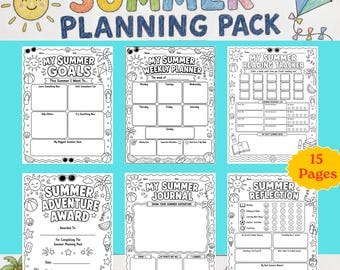 Summer coloring page / Planning Pack for Kids, Bucket List, Weekly Planner, Daily Routine, Reading Tracker, Journal Reflection Printable Sum