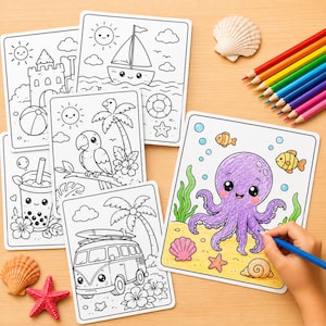 May include: A collection of coloring pages with a beach theme, featuring illustrations of a sailboat, parrot, octopus, and more. A hand is coloring an octopus with a blue pencil. Colored pencils and seashells are also present.