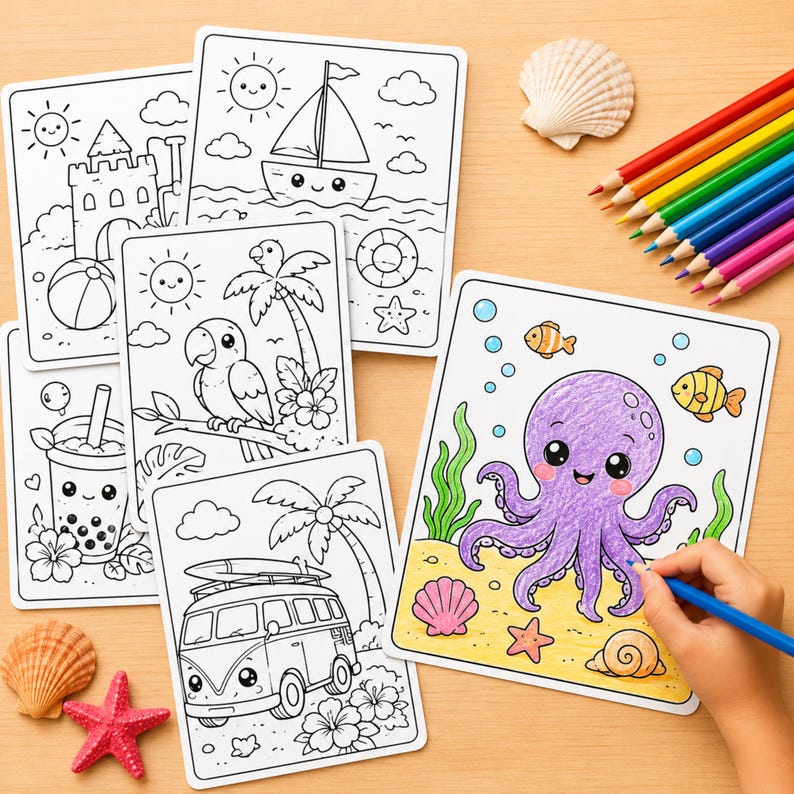 May include: A collection of coloring pages with a beach theme, featuring illustrations of a sailboat, parrot, octopus, and more. A hand is coloring an octopus with a blue pencil. Colored pencils and seashells are also present.
