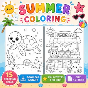 May include: A summer-themed coloring book with the text "SUMMER COLORING". The book features illustrations of a turtle, lemonade stand, and other summer elements. The size is 8.5 x 11 inches.