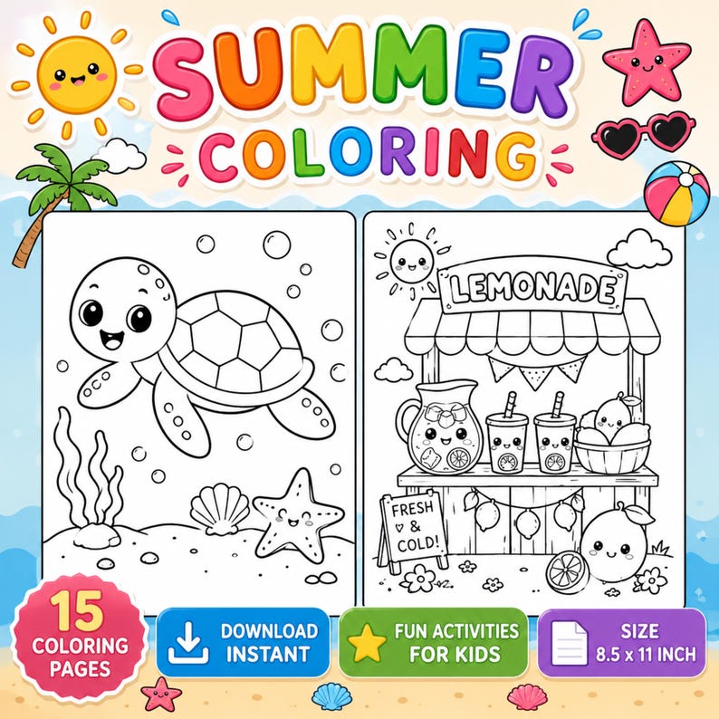 May include: A summer-themed coloring book with the text "SUMMER COLORING". The book features illustrations of a turtle, lemonade stand, and other summer elements. The size is 8.5 x 11 inches.