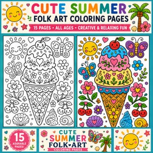 Coloring pages / Summer Folk Art Coloring book for Kids & Adults | Bold and Easy Beach Coloring Book | Tropical Summer Coloring Activities