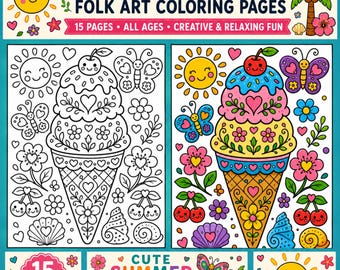 Coloring pages / Summer Folk Art Coloring book for Kids & Adults | Bold and Easy Beach Coloring Book | Tropical Summer Coloring Activities