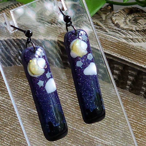 Night Sky Dangle Earrings w/ Opal Crescent Moon & Glow-in-the-Dark Stars | Twilight Starry Sky | Lunar | Boho | Lightweight  | Polymer Clay