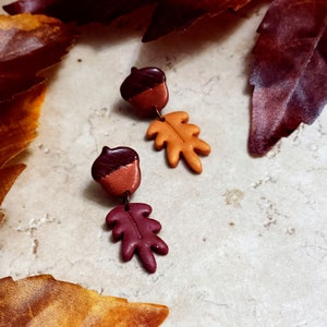 Metallic Acorn and Oak Leaf Dangle Earrings | Autumn |  Fall | Lightweight | Asymmetrical