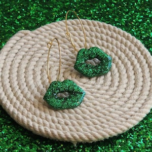 Green Glitter Lips Hoop Earrings | Bold Lips | 24k Gold Plated Hoops | Shiny | St. Patrick&#39;s Day | Poison Ivy Costume