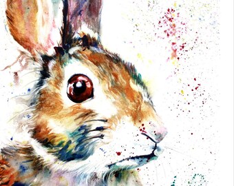 Colorful Bunny Rabbit painting watercolor art print