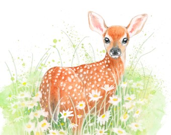 White-tailed Deer fawn Watercolor Painting | giclée print | woodland wall art