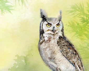 Great Horned Owl Watercolor Painting art print