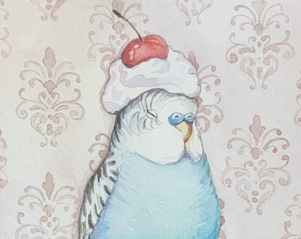 Budgie with Cream. Cute baby bird watercolour painting PRINT