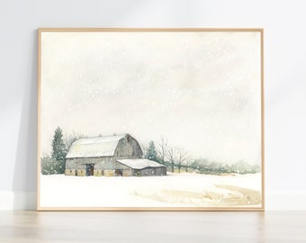 Winter Barn snowy farm landscape print from original watercolor painting