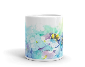 Bee Kind Mug hydrangeas and bees watercolour mug