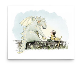 friendly dragon and girl | cute woodland fairy tale | knight picture book nursery wall art