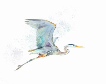 Great Blue Heron Flying print from original watercolor painting