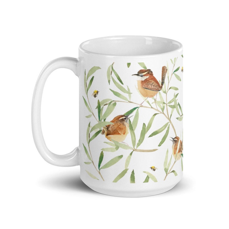 Carolina Wrens and Bees in the Willow cottagecore style coffee mug image 5