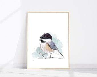 Black Capped Chickadee watercolour bird print wall art