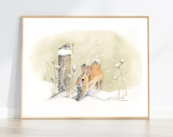 Winter Cottontail Rabbit and Goldfinch wall art | watercolour painting | giclee print