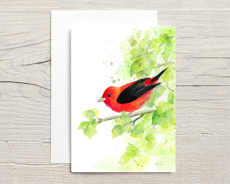 Scarlet Tanager woodland bird watercolor greeting card image 1