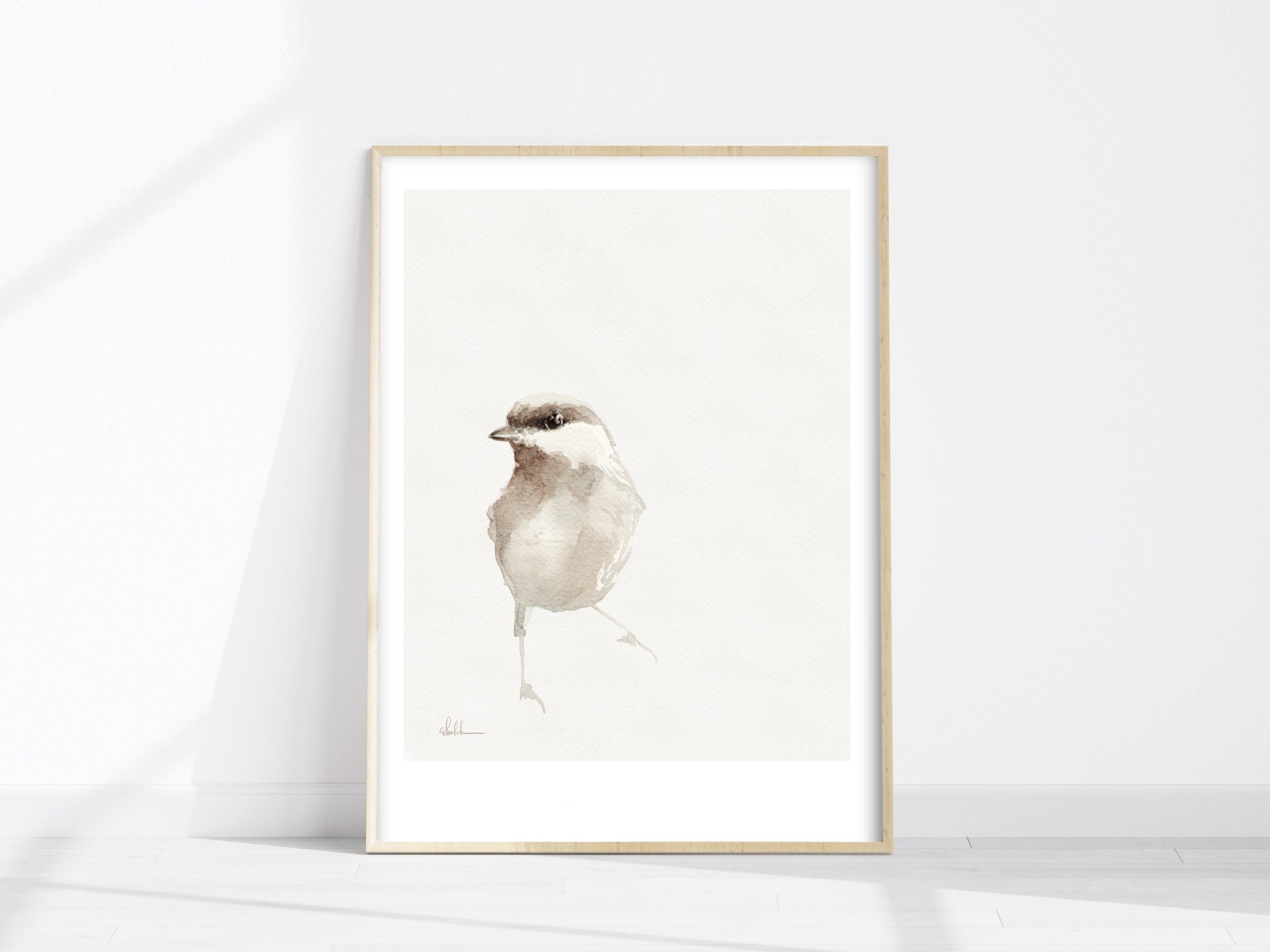 Sepia Chickadee watercolour bird print neutral minimalist decor