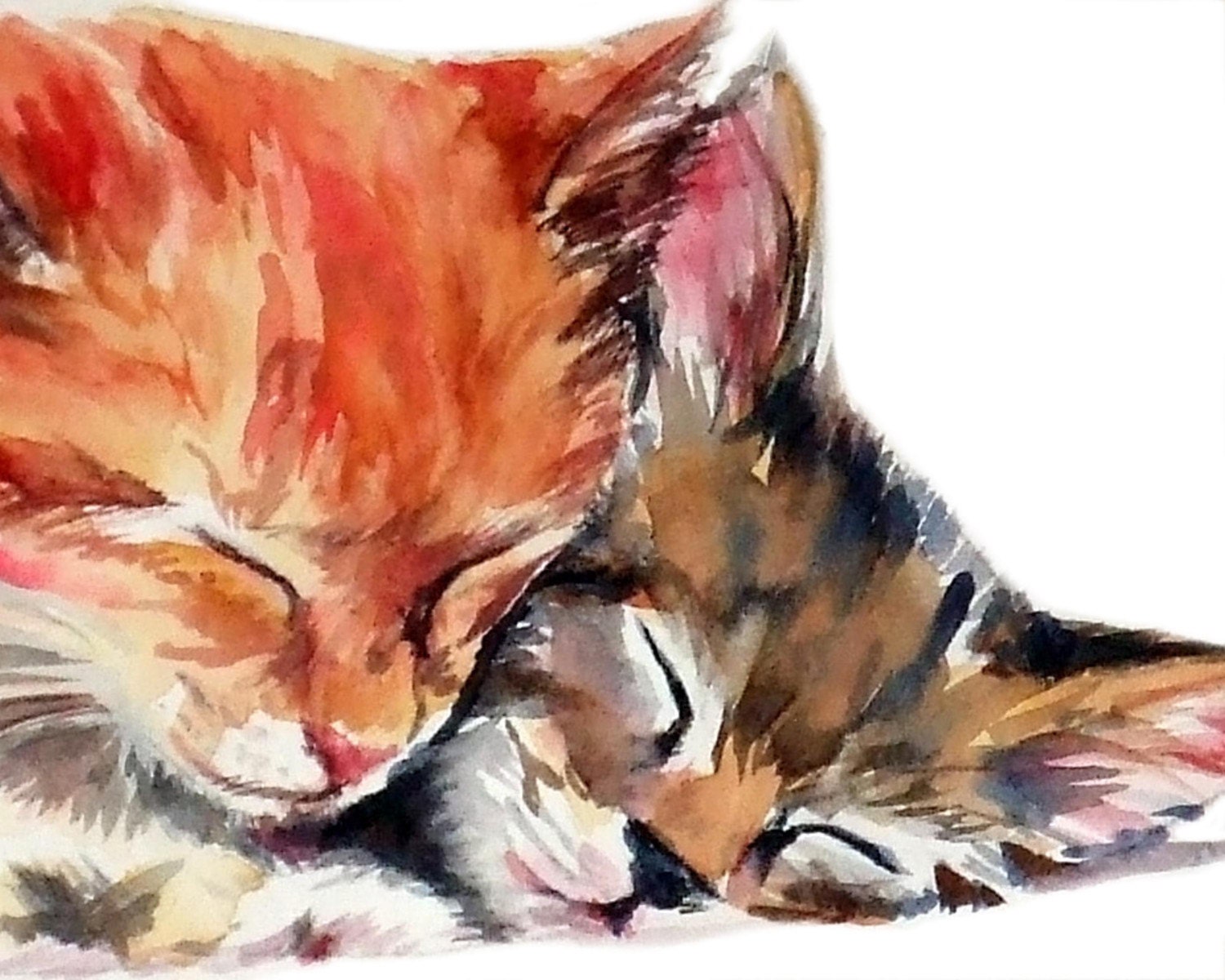 Two kittens ginger and tabby sleeping watercolor cat MATTE ART | Etsy