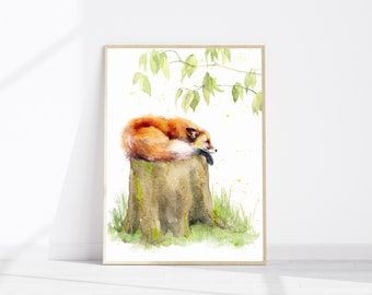 Sleeping fox on a tree stump painting | wall art | watercolour giclee print