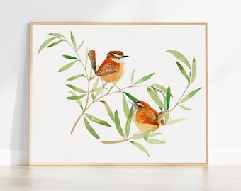 May include: Watercolor painting of two brown birds perched on green branches. The birds have orange and brown feathers and are facing different directions. The branches are green and have small leaves.