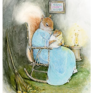 Mama Squirrel rocking baby watercolor wall art print