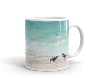 Oystercatchers on the beach ceramic coastal decor coffee mug