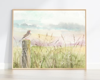 Sparrow singing watercolour landscape wall art | Print