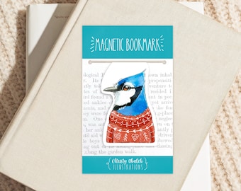 Blue Jay in sweater magnetic bookmark