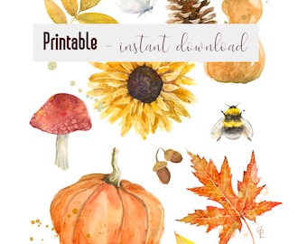 PRINTABLE - fall nature elements watercolour painting and greeting card - instant digital download