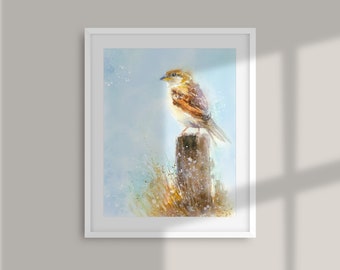 Female House Sparrow on fence post watercolour painting bird PRINT