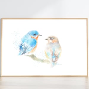 Eastern Bluebirds Watercolor bird print CottageCore wall decor