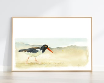 American Oystercatcher watercolor painting | shorebird wall art | coastal beach theme home decor