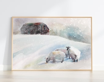 Sheep and Barn snowy winter landscape print from original watercolor painting