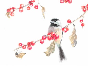 Chickadee on Branch with Winter Berries | watercolour | wall art print