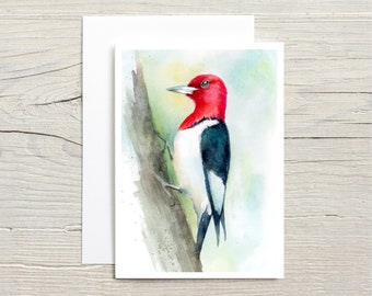 Red-headed Woodpecker watercolor greeting card