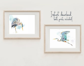 PRINTABLE Great Blue Heron flying watercolor | Coastal Beach Art | Set of 2 prints | Digital Download print your own