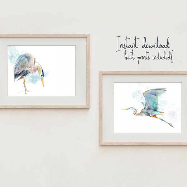 PRINTABLE Great Blue Heron flying watercolor | Coastal Beach Art | Set of 2 prints | Digital Download print your own