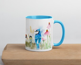 Backyard Birds Illustrated Watercolour Mug with Color Inside